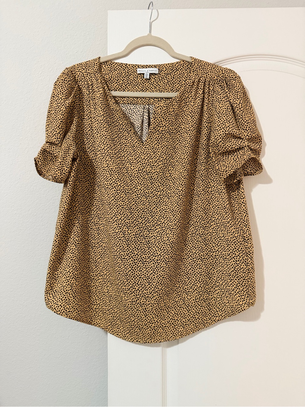 Cheetah Print Ruched Sleeve V-Neck Blouse